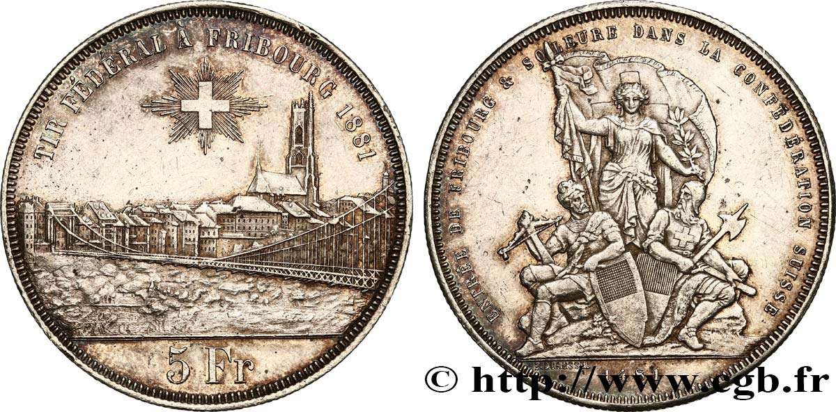 SUIZA 5 Francs, monnaie de Tir, Fribourg 1881  MBC+ 
