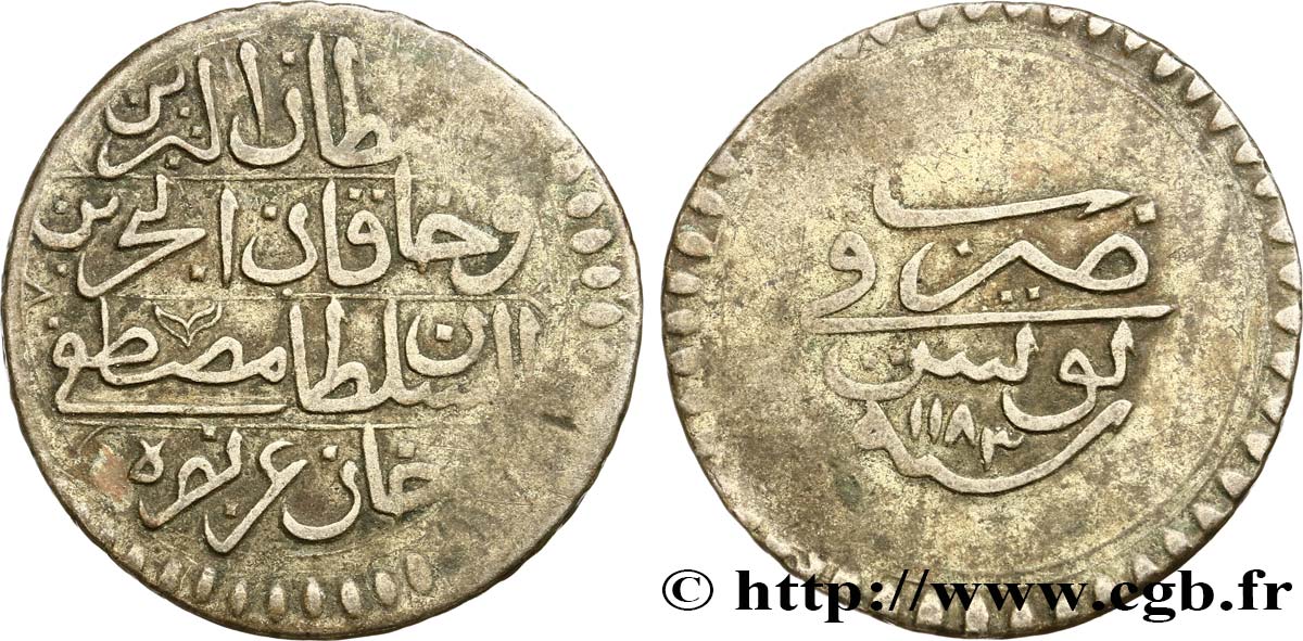TUNISIE 1 Piastre (Riyal) frappe au nom de Mustafa III AH 1183 1769  TB 