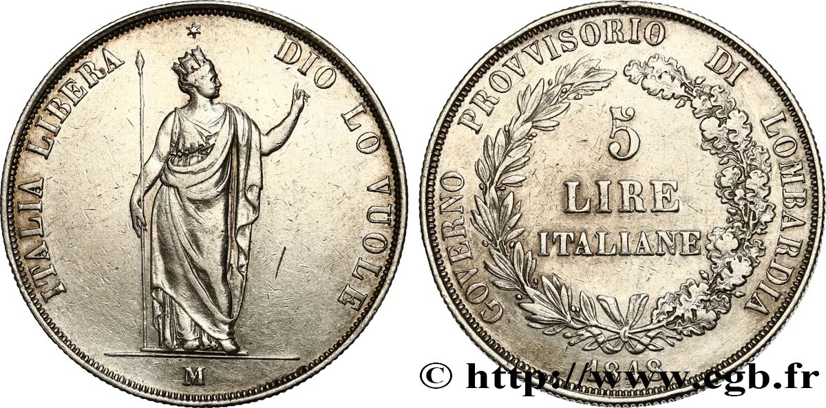 ITALY - LOMBARDY 5 Lire Gouvernement provisoire de Lombardie 1848 Milan VF/XF 