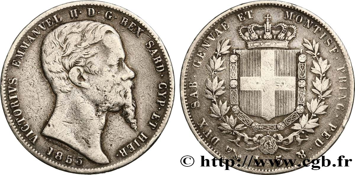 ITALIA - REGNO DE SARDINIA 5 Lire Victor Emmanuel II 1853 Gênes MB 