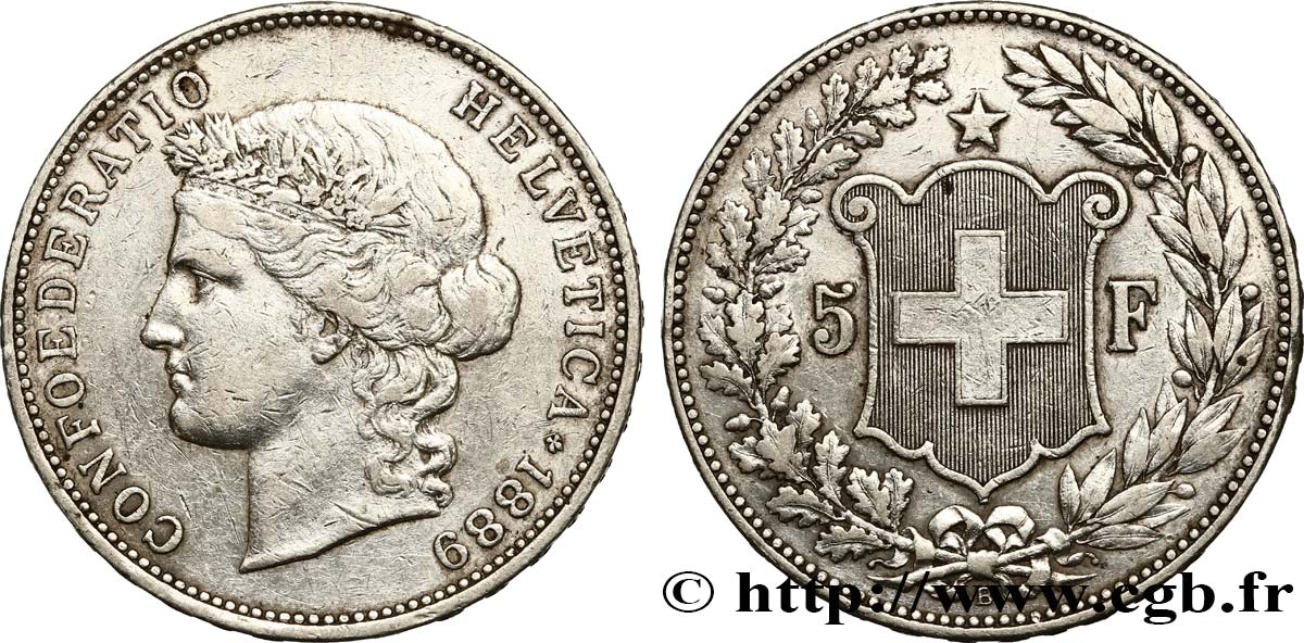SWITZERLAND 5 Francs Helvetia 1889 Berne XF 