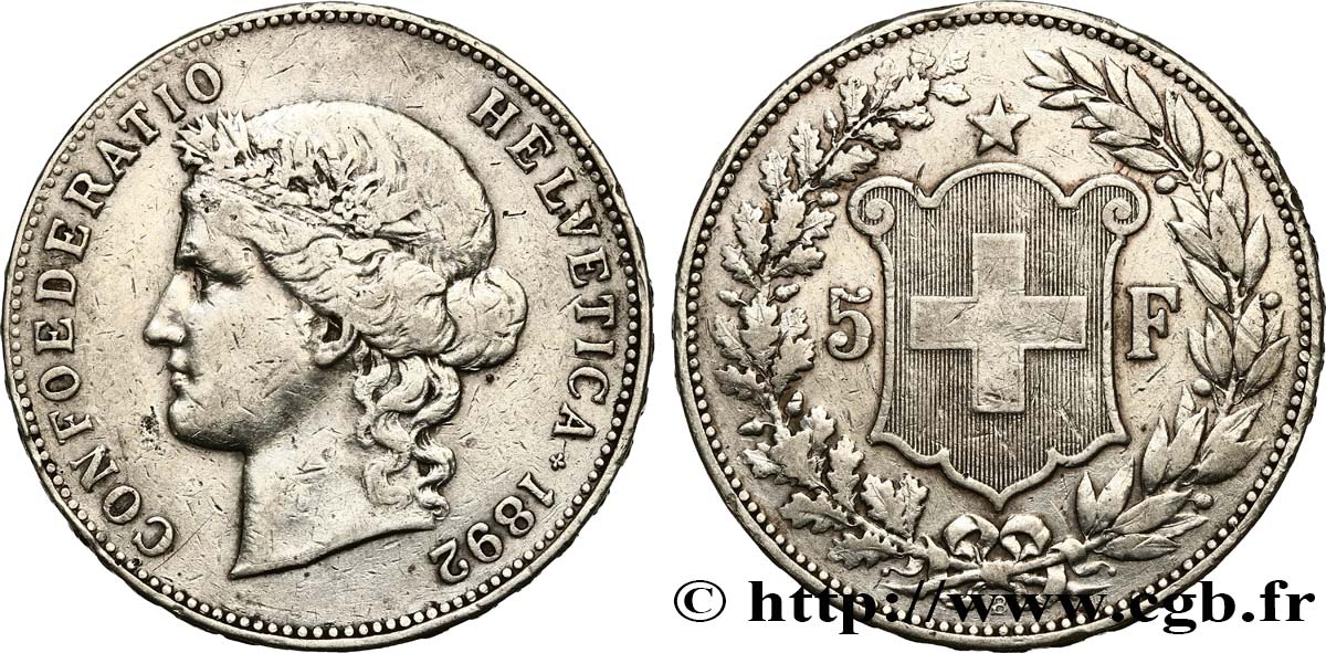 SWITZERLAND 5 Francs Helvetia 1892 Berne VF/XF 