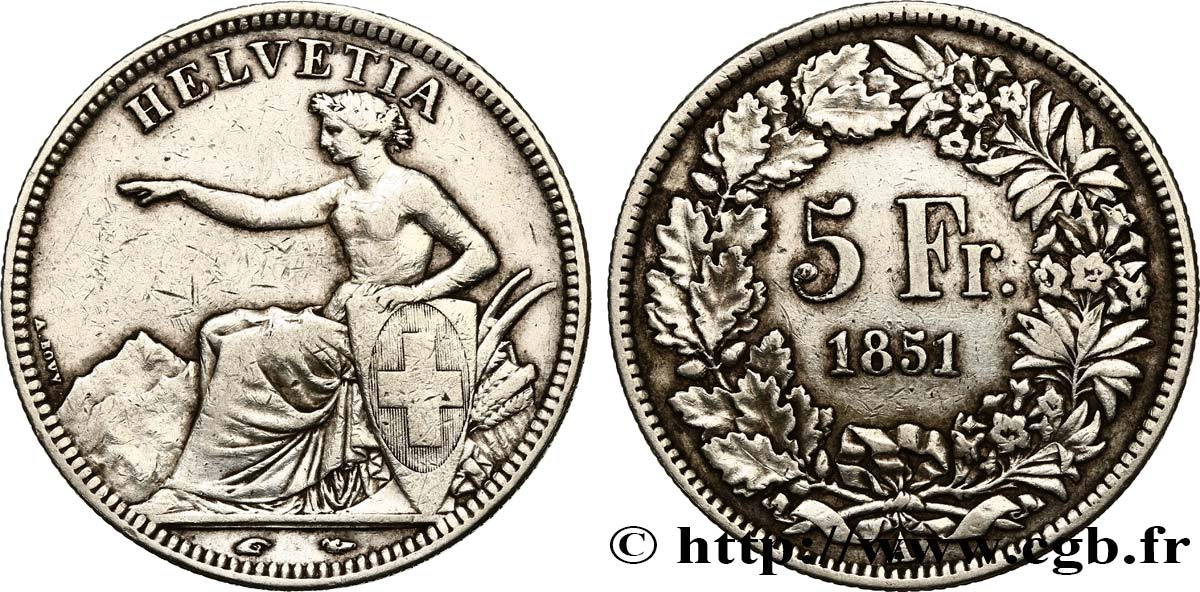 SWITZERLAND 5 Francs Helvetia assise 1851 Paris VF/XF 