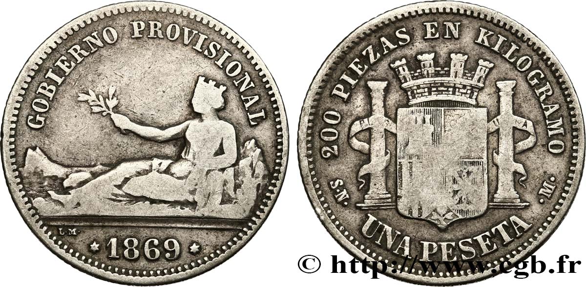 ESPAGNE 1 Peseta monnayage provisoire (1869) avec mention “Gobierno Provisional” 1869 Madrid TB 