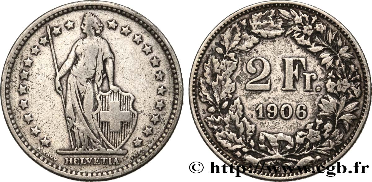 SWITZERLAND 2 Francs Helvetia 1906 Berne - B VF 
