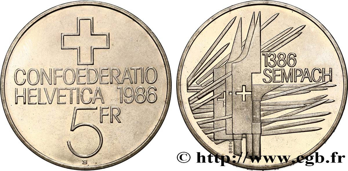 SVIZZERA  5 Francs 500e anniversaire de la bataille de Sempach 1986 Berne - B MS 