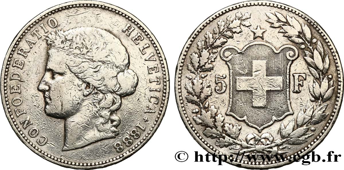 SWITZERLAND 5 Francs Helvetia buste 1888 Berne VF 