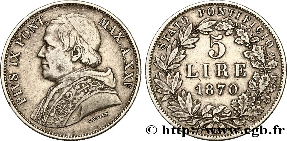 VATICAN AND PAPAL STATES 5 Lire Pie IX an XXV 1870 Rome XF 