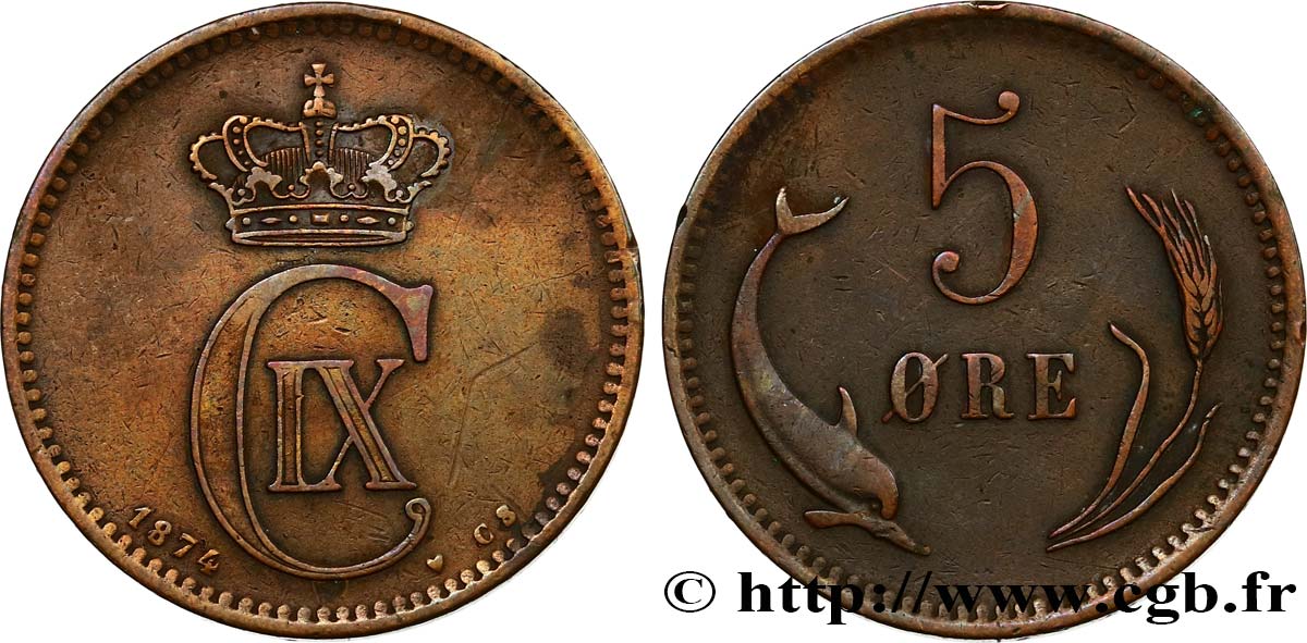 DINAMARCA 5 Ore monogramme Christian IX /  dauphin 1874 Copenhague BB 