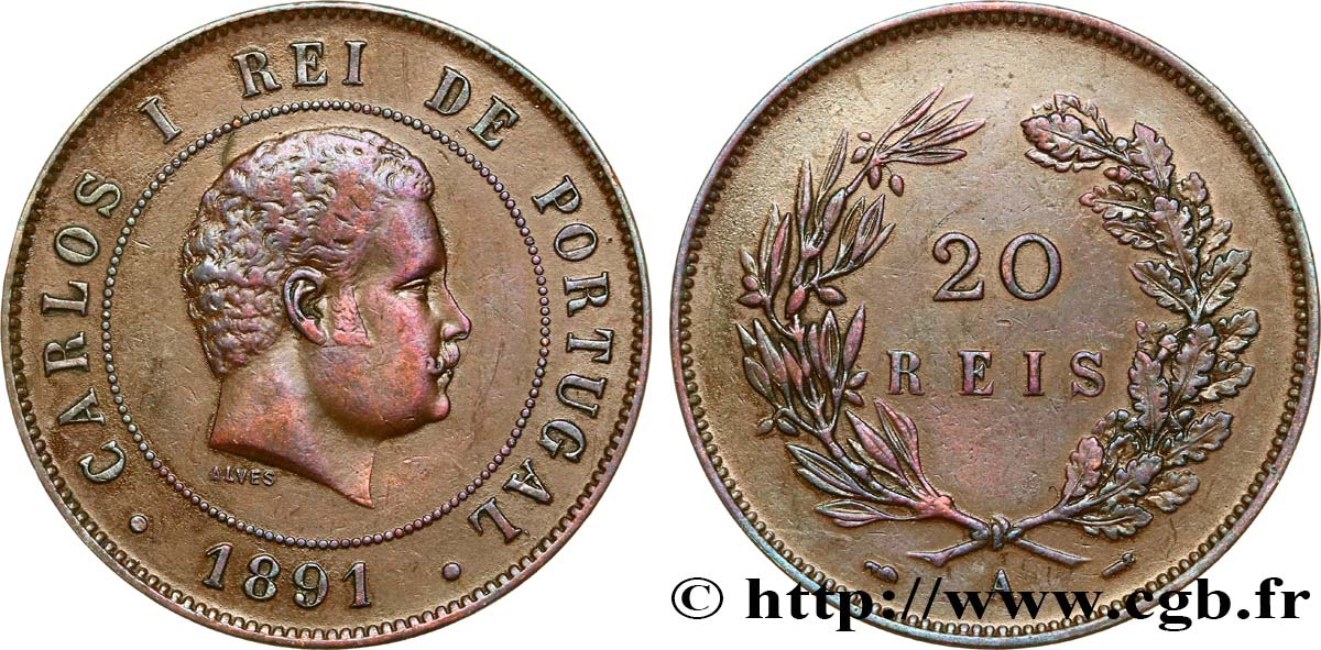 PORTUGAL 20 Réis Charles Ier (Carlos) 1891 Paris XF 