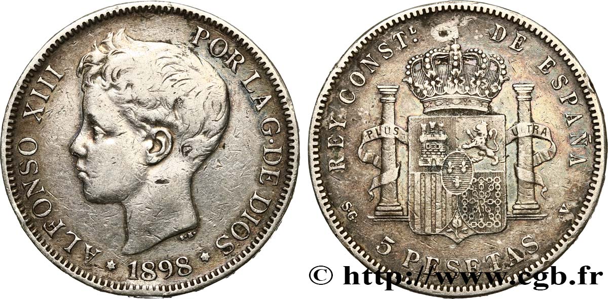 ESPAGNE 5 Pesetas Alphonse XIII 3e type 1898 Madrid TB+ 