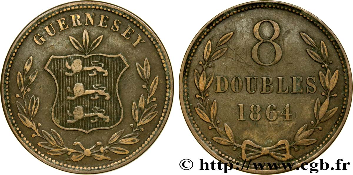 GUERNSEY 8 Doubles armes du baillage de Guernesey 1864 Heaton XF 