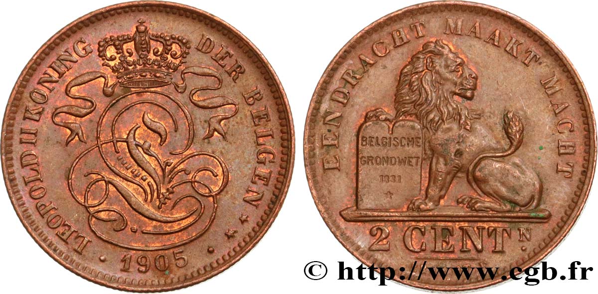 BELGIUM 2 Centimes lion monogramme de Léopold II légende flamande 1905  AU 
