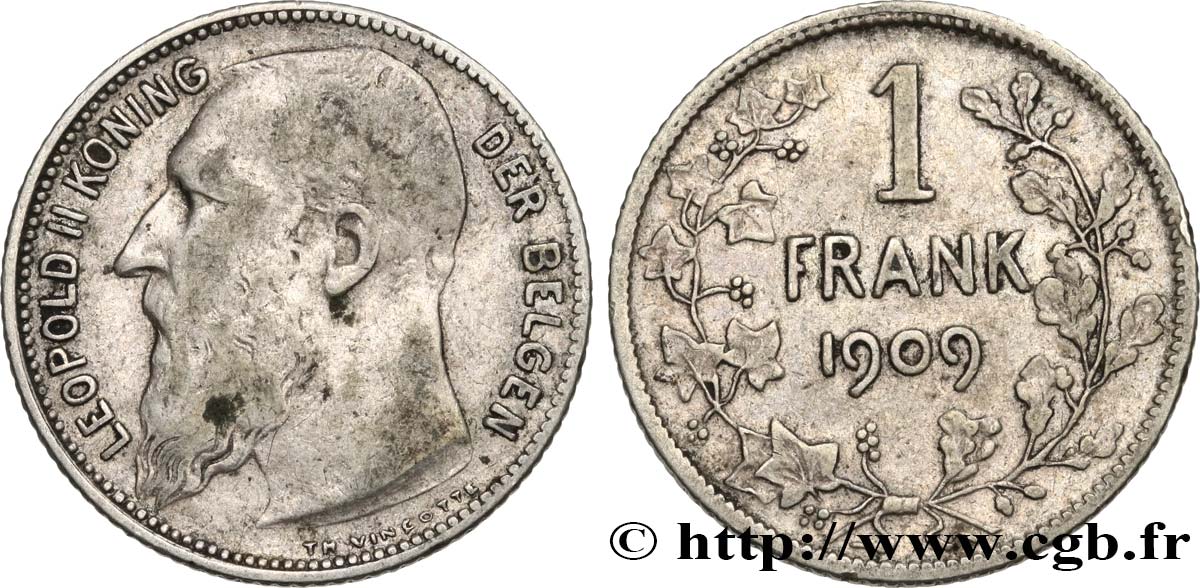 BELGIO 1 Frank (Franc) Léopold II légende flamande variété sans point dans la signature 1909  q.BB 