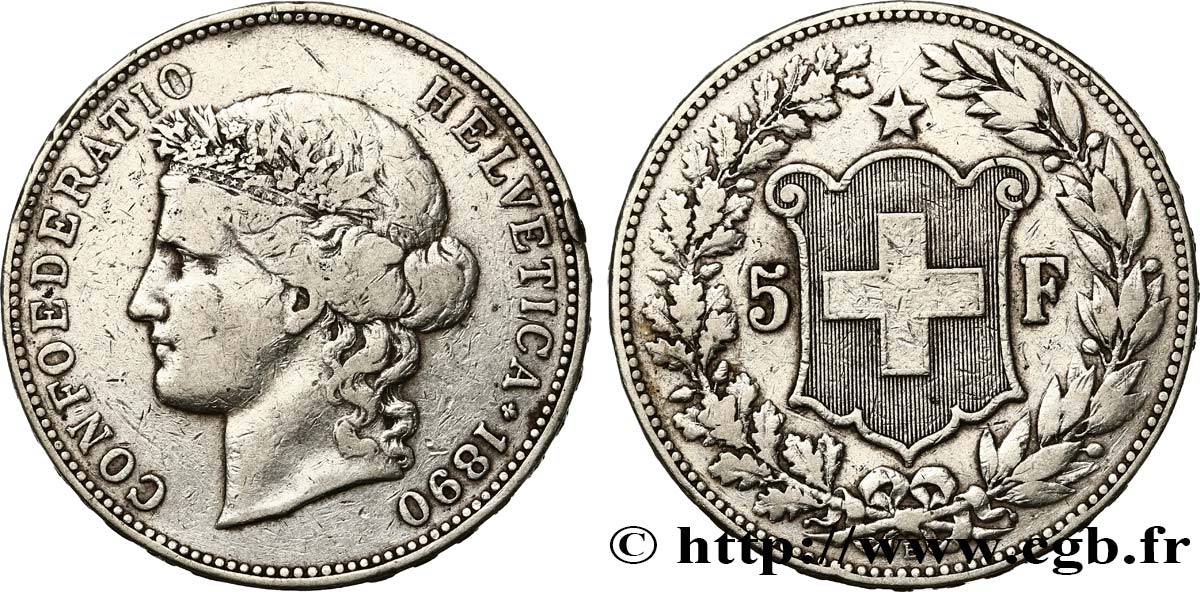 SUISSE 5 Francs Helvetia 1890 Berne TB+ 