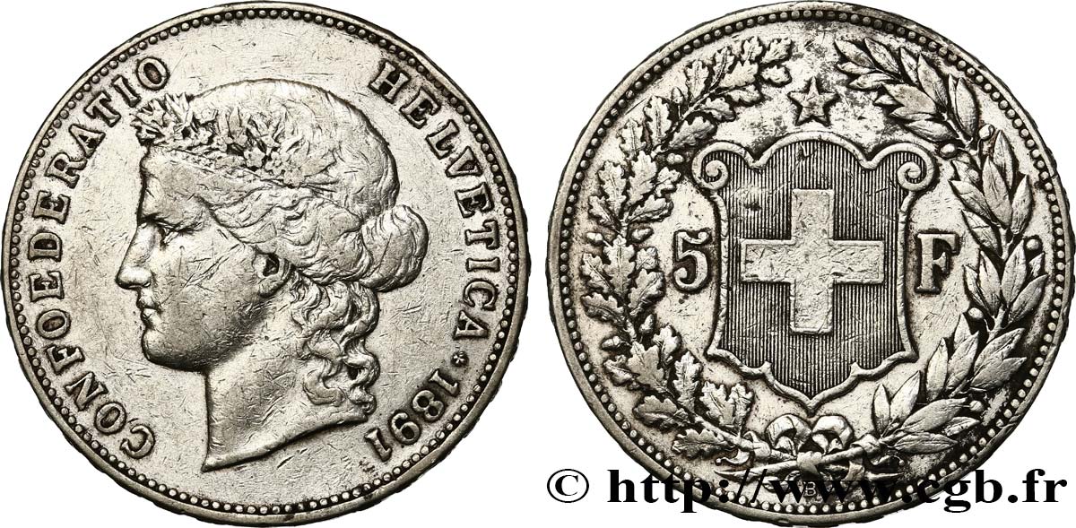 SUISSE 5 Francs Helvetia buste 1891 Berne TB+ 