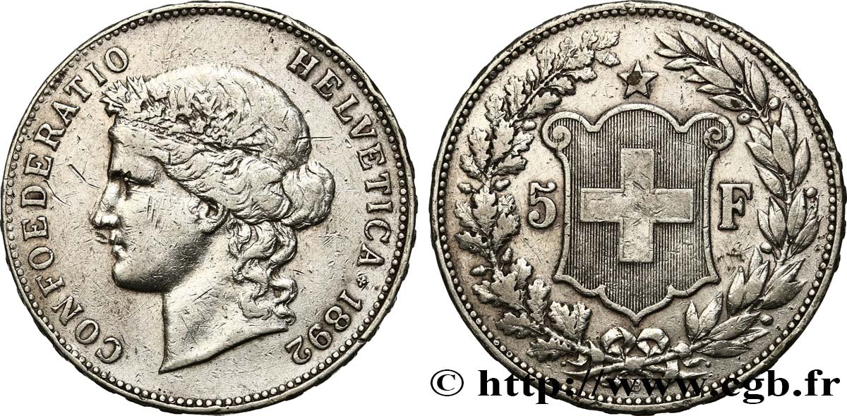 SUISSE 5 Francs Helvetia 1892 Berne TB+/TTB 