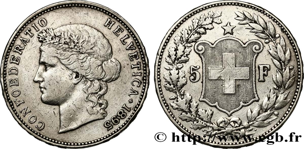 SWITZERLAND - CONFEDERATION OF HELVETIA 5 Francs Helvetia 1895 Berne VF 