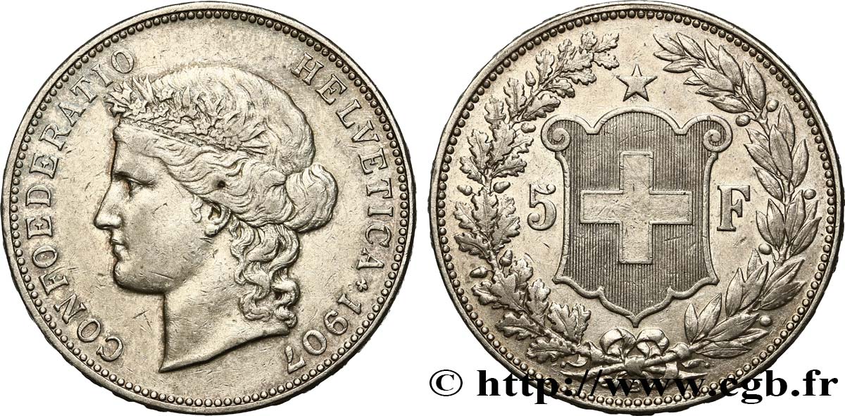 SVIZZERA  5 Francs Helvetia 1907 Berne BB/q.SPL 