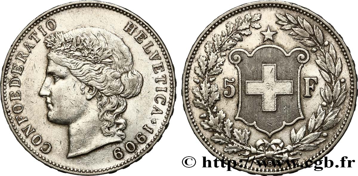 SWITZERLAND 5 Francs Helvetia 1909 Berne AU 