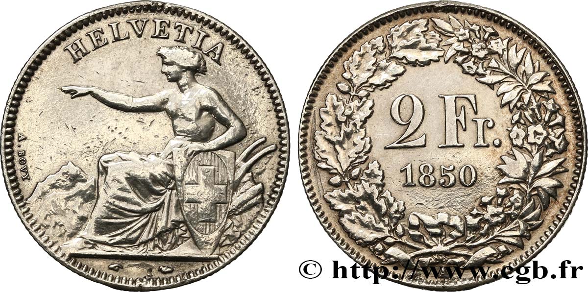 SUISSE 2 Francs Helvetia 1850 Paris TB+ 