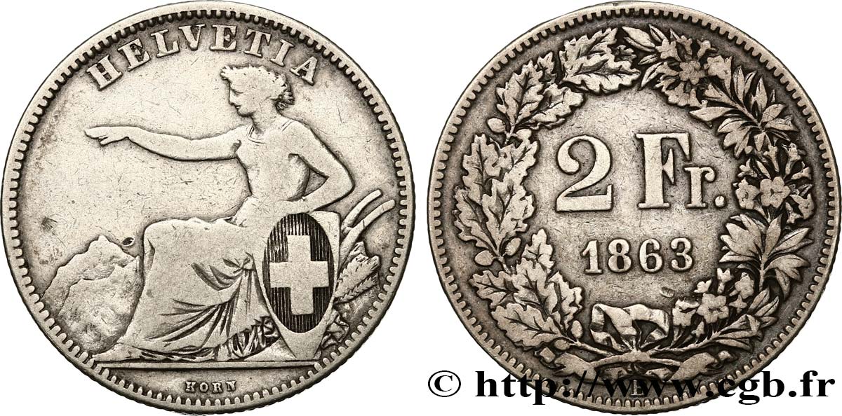 SUIZA 2 Francs Helvetia 1863 Berne BC+ 
