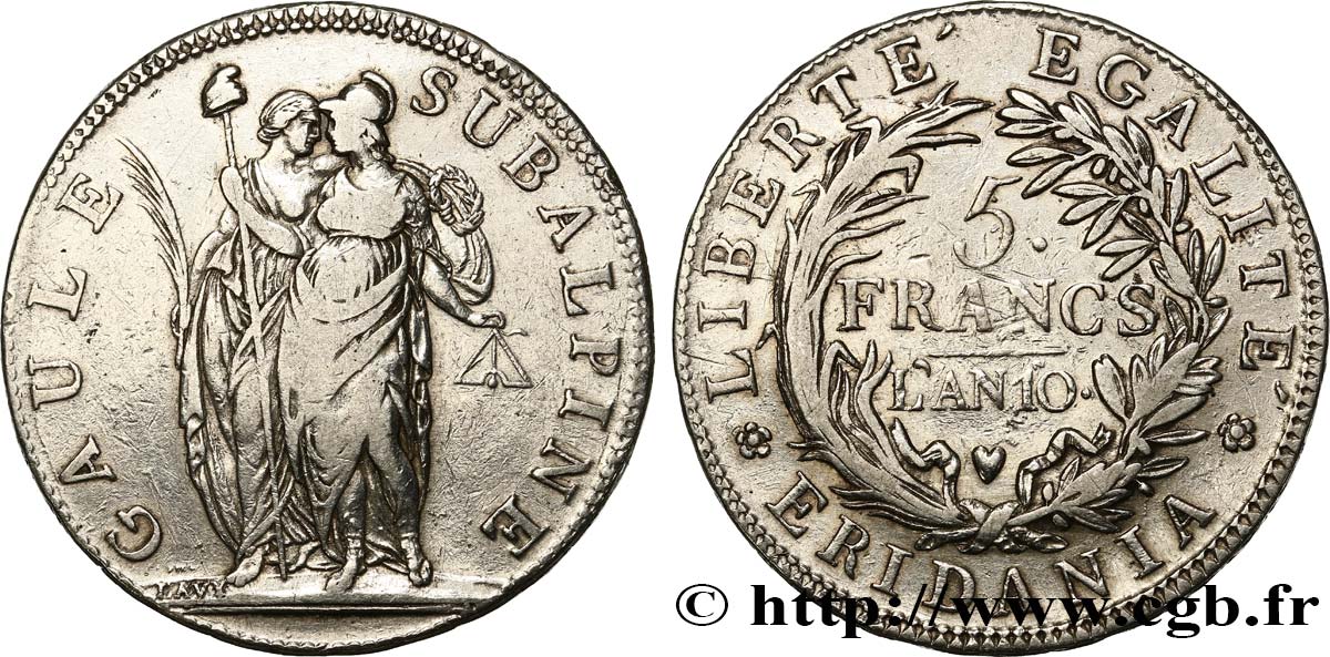 ITALIA - GALLIA SUBALPINA 5 Francs an 10 1802 Turin BC 