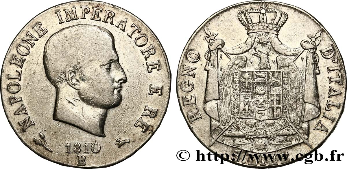 ITALIA - REINO DE ITALIA - NAPOLEóNE I 5 lire 1810 Bologne BC+ 