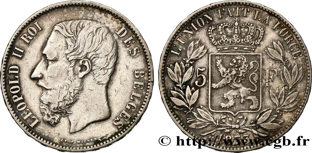 BELGIUM 5 Francs Léopold II 1873  VF 