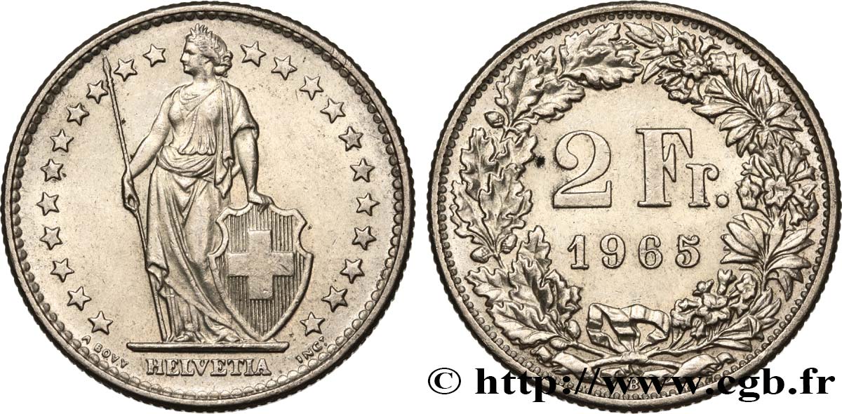 SVIZZERA  2 Francs Helvetia 1965 Berne SPL 