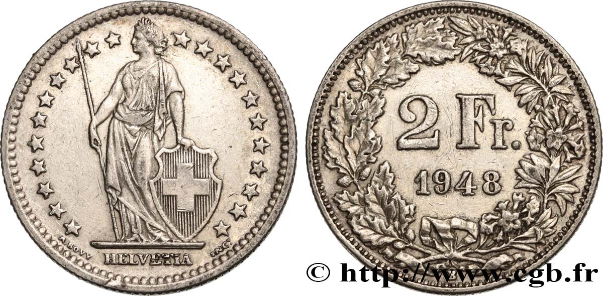 SWITZERLAND 2 Francs Helvetia 1948 Berne AU 