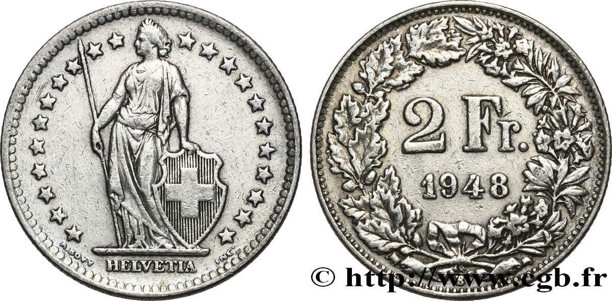 SWITZERLAND 2 Francs Helvetia 1948 Berne XF 