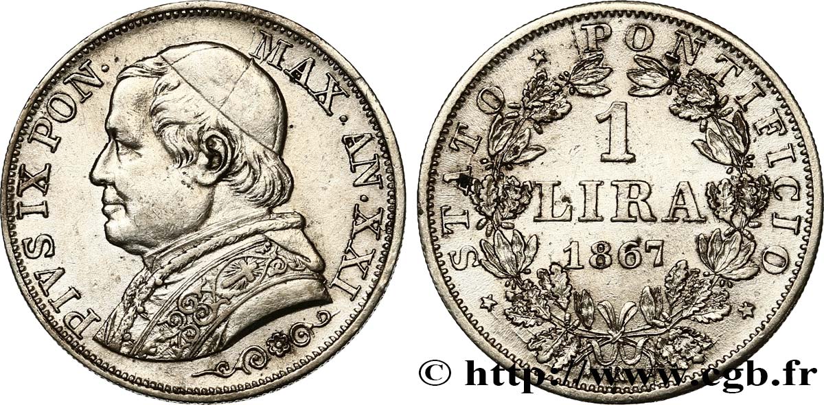 VATICAN AND PAPAL STATES 1 Lire Pie IX an XXI 1867 Rome AU/AU 