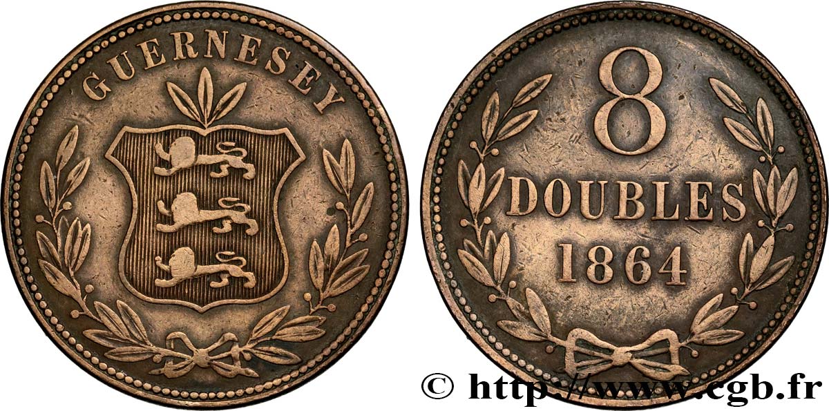 GUERNSEY 8 Doubles armes du baillage de Guernesey 1864 Heaton XF 