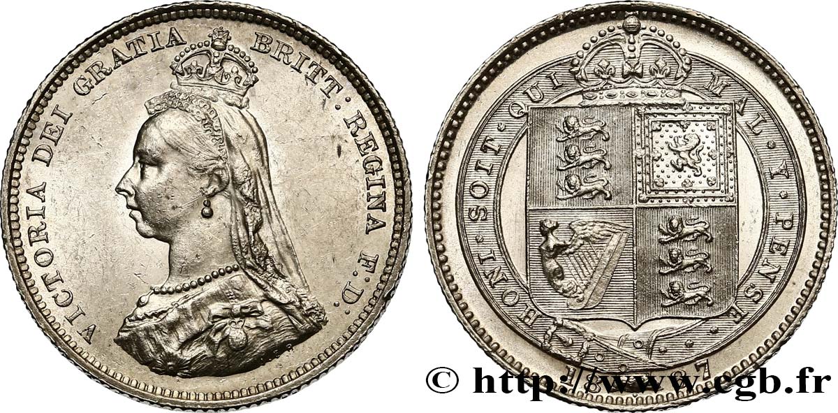 ROYAUME-UNI 1 Shilling Victoria buste du jubilé 1887  SPL 