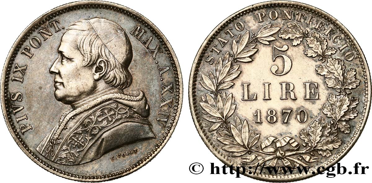 VATICAN ET ÉTATS PONTIFICAUX 5 Lire Pie IX an XXIV 1870 Rome SUP 