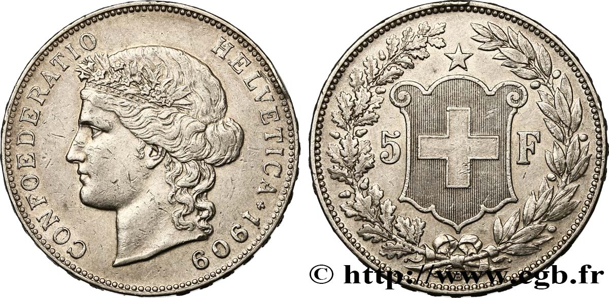 SVIZZERA  5 Francs Helvetia 1909 Berne q.SPL 