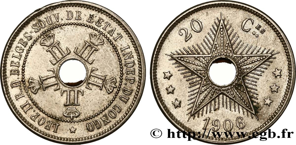 KONGO-FREISTAAT 20 Centimes Léopold II 1906  VZ 