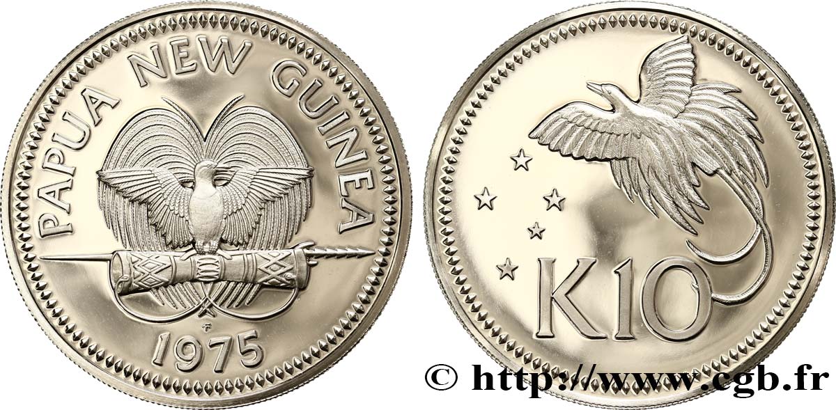 PAPUA-NEUGUINEA 10 Kina Proof oiseau de paradis 1975 Franklin Mint ST 