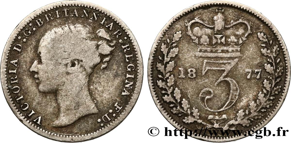 UNITED KINGDOM 3 Pence Victoria “Bun Head” 1877  VF 