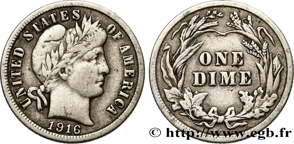 UNITED STATES OF AMERICA 1 Dime Barber 1916 Philadelphie XF 