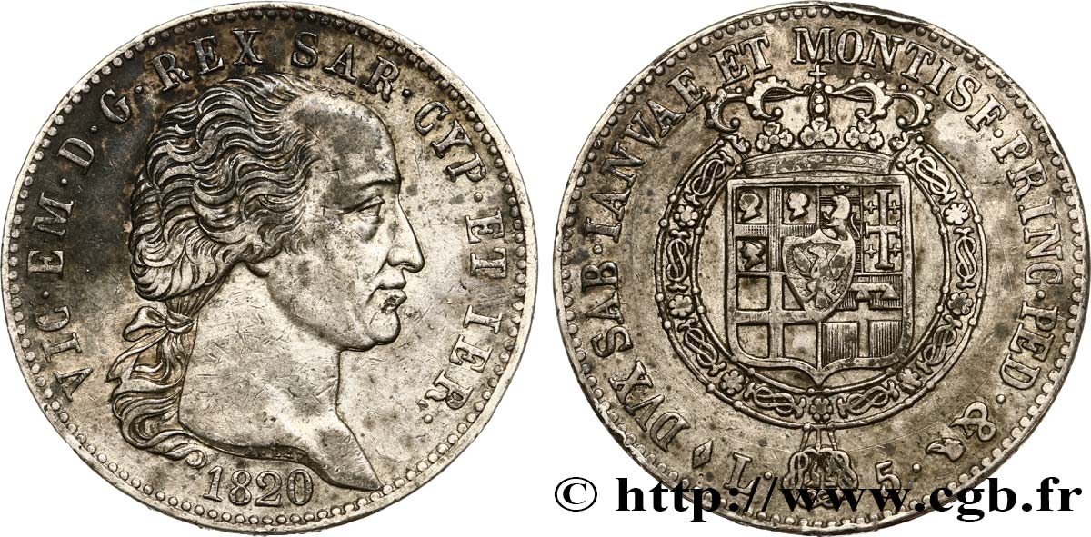 ITALY - KINGDOM OF SARDINIA - VICTOR-EMMANUEL I 5 Lire 1820 Turin AU/XF 
