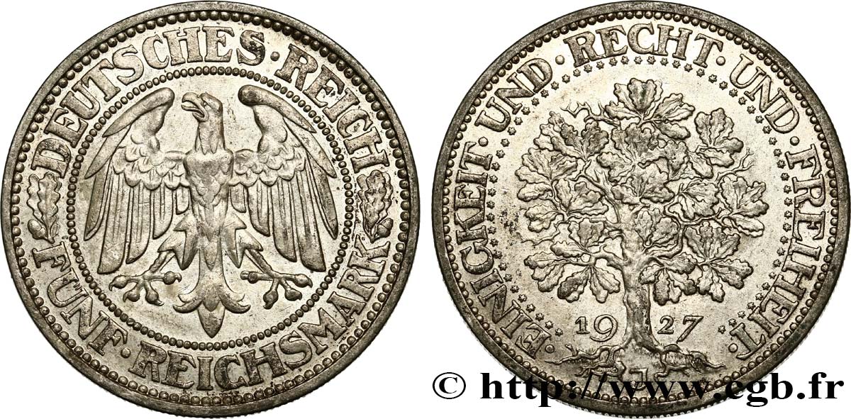 GERMANY 5 Reichsmark 1927 Hambourg AU 