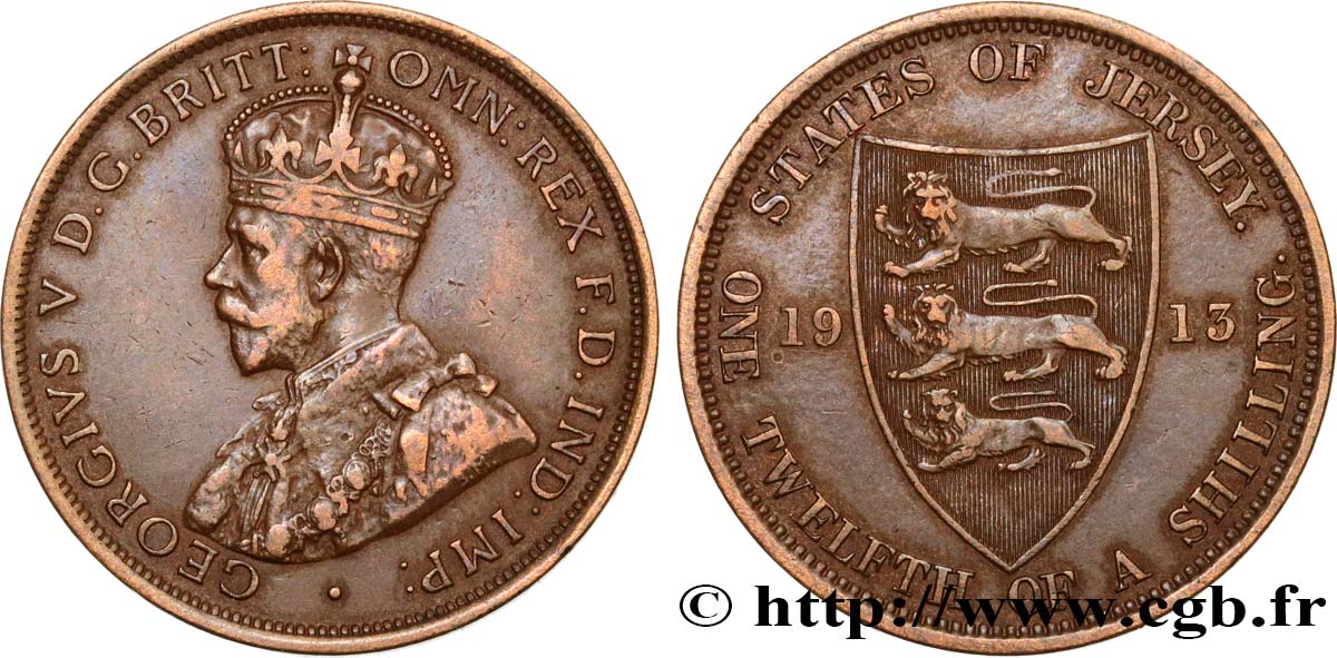 JERSEY 1/12 Shilling Georges V / armes du Bailliage de Jersey 1913  TTB 