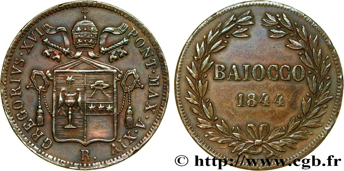 VATICANO Y ESTADOS PONTIFICIOS 1 Baiocco au nom de Grégoire XVI an XIV 1844 Rome MBC 