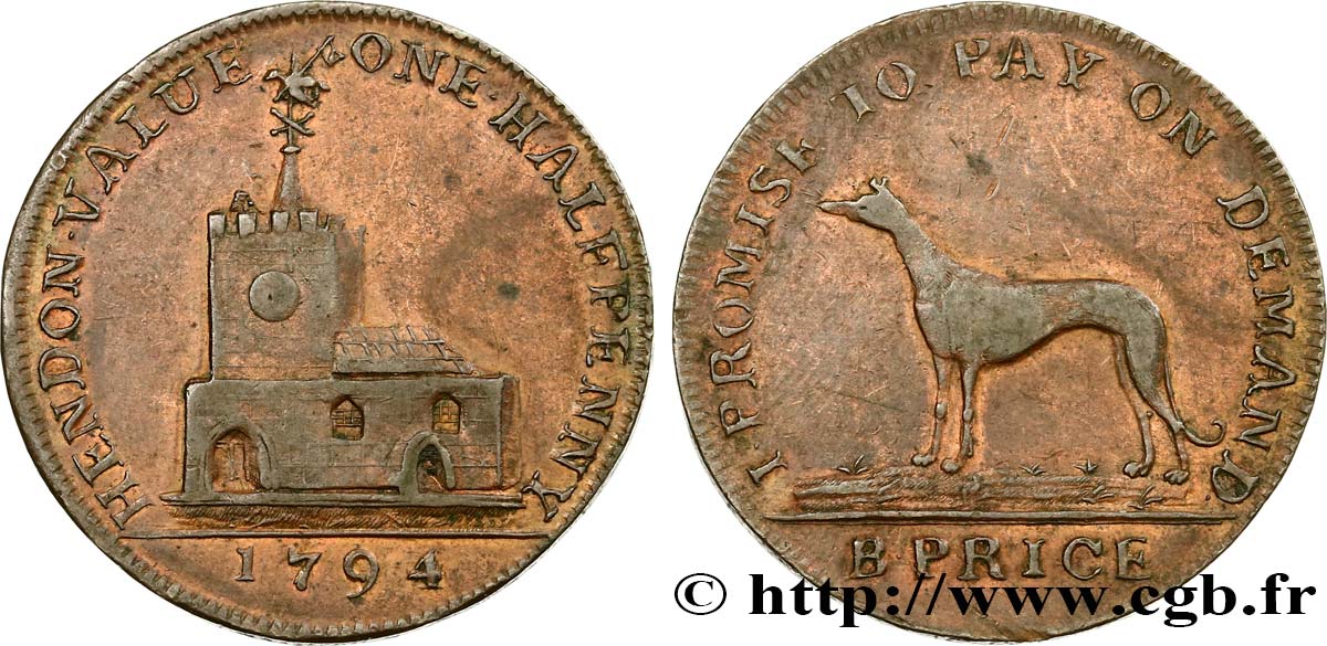 BRITISH TOKENS OR JETTONS 1/2 Penny Benjamin Price, Middlesex 1794  VF 