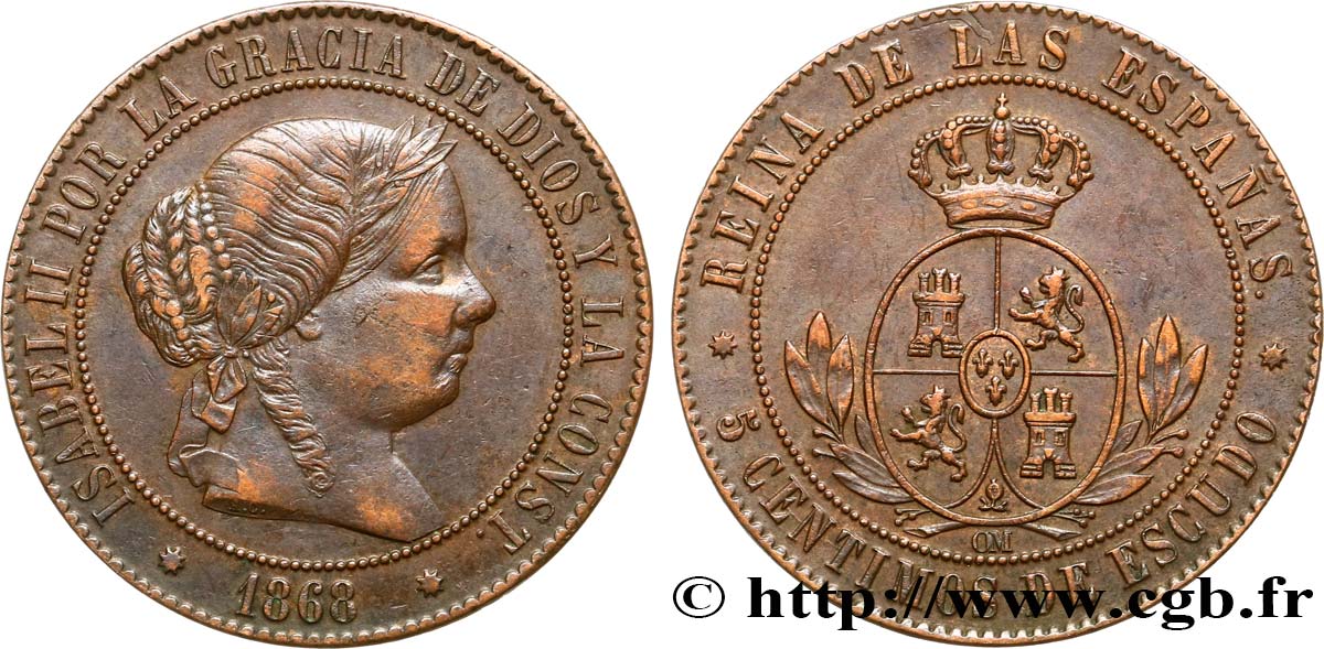 SPAGNA 5 Centimos de Escudo Isabelle II  1868 Oeschger Mesdach & CO BB/q.SPL 