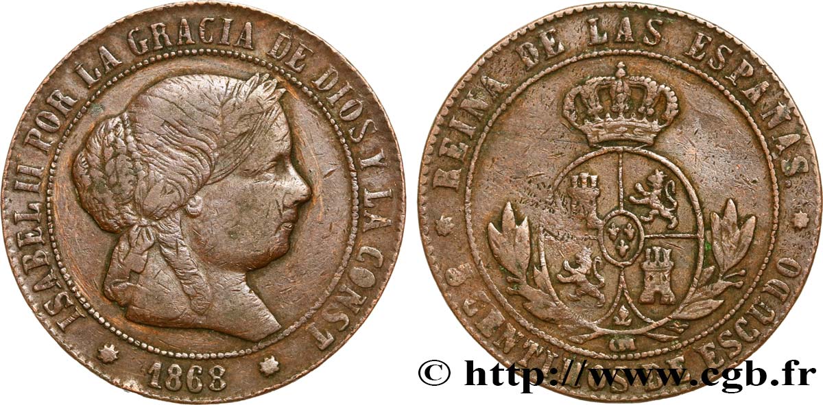 SPAIN 5 Centimos de Escudo Isabelle II  1868 Oeschger Mesdach & CO VF/AU 