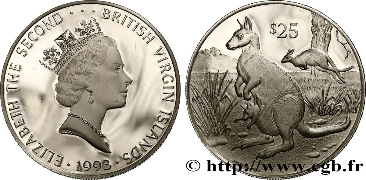 BRITISCHE JUNGFERNINSELN 25 Dollars Proof Elisabeth II Kangourou 1993  fST 