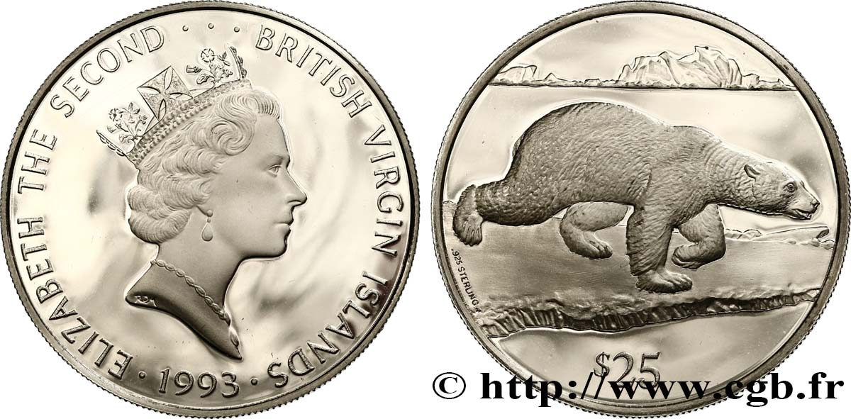 ÎLES VIERGES BRITANNIQUES 25 Dollars Proof Elisabeth II ours polaire 1993  SPL 